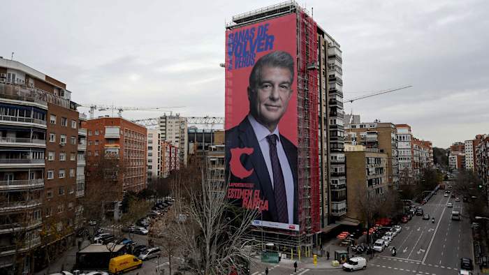 Joan Laporta's billboard outside the Bernabeu in Madrid